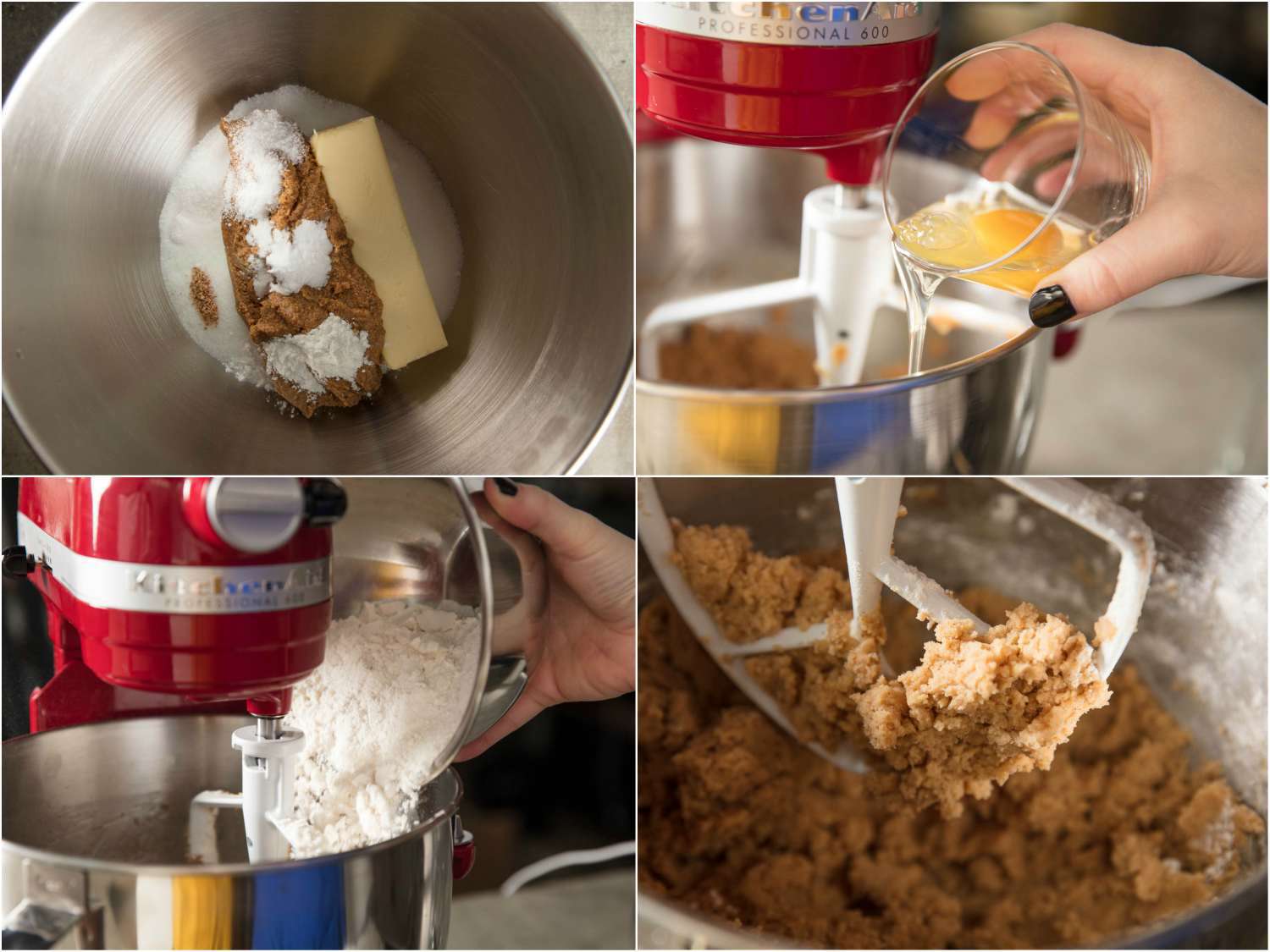 Composite of combining butter, hazelnut butter, and sugar, adding egg and flour, and mixing until a dough forms.