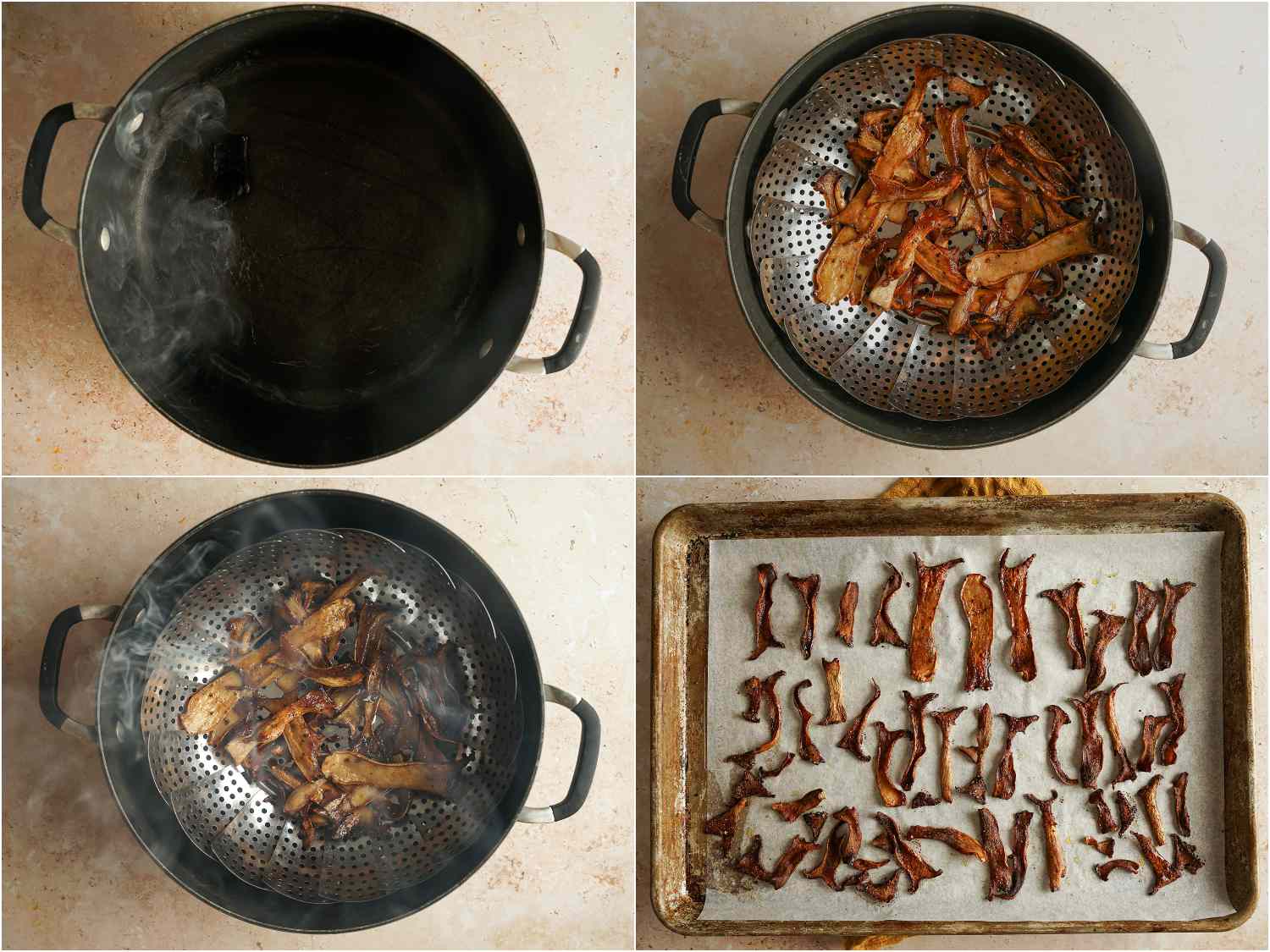 这是一幅拼贴画，展示了蘑菇在锅里被熏制，然后铺在烤盘上。