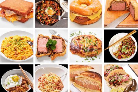 A 16-image grid depicting a medley of dishes that contain Spam.