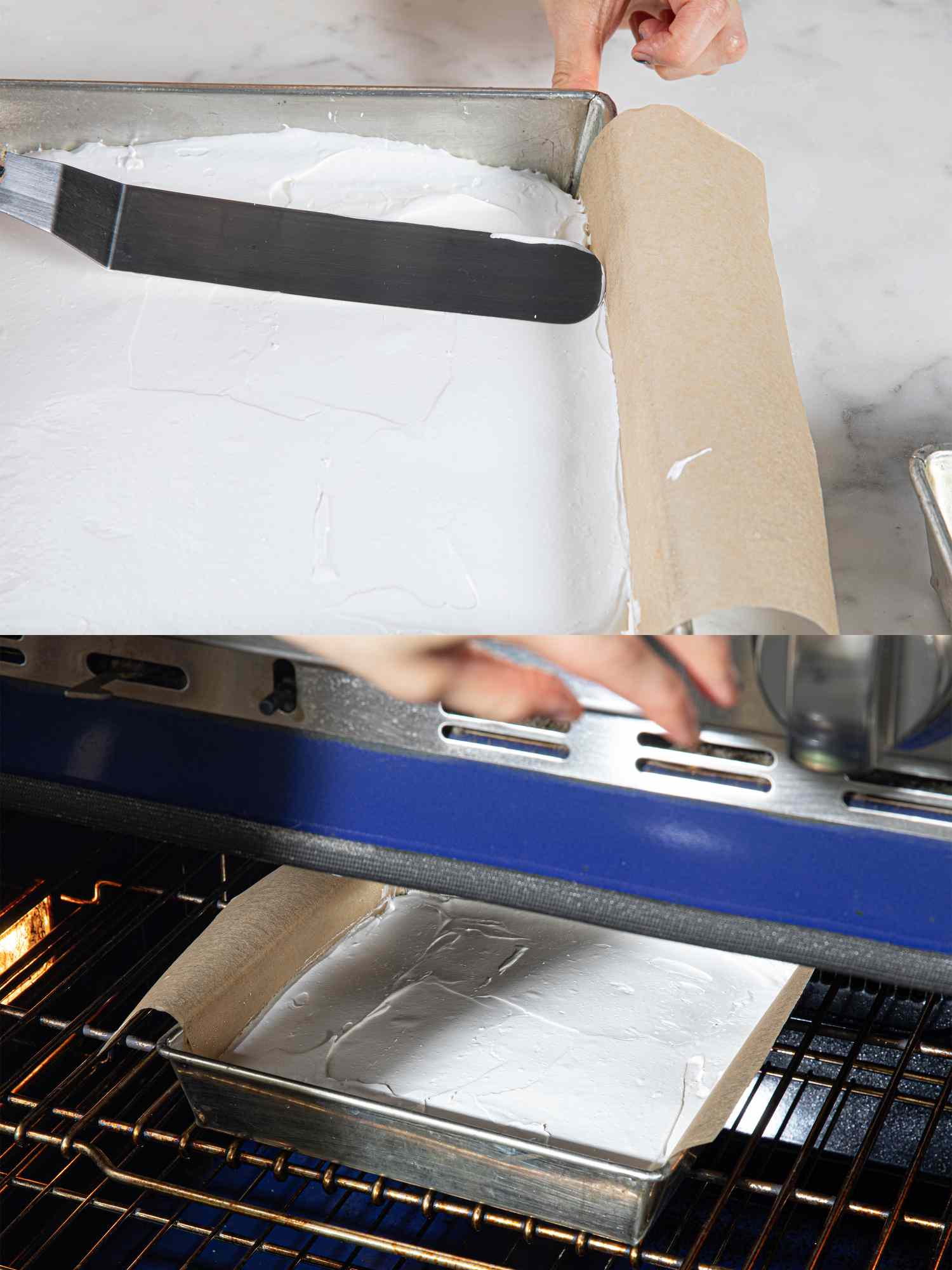 两个图像拼贴平滑蛋白霜放入烤盘，并将其放入烤箱