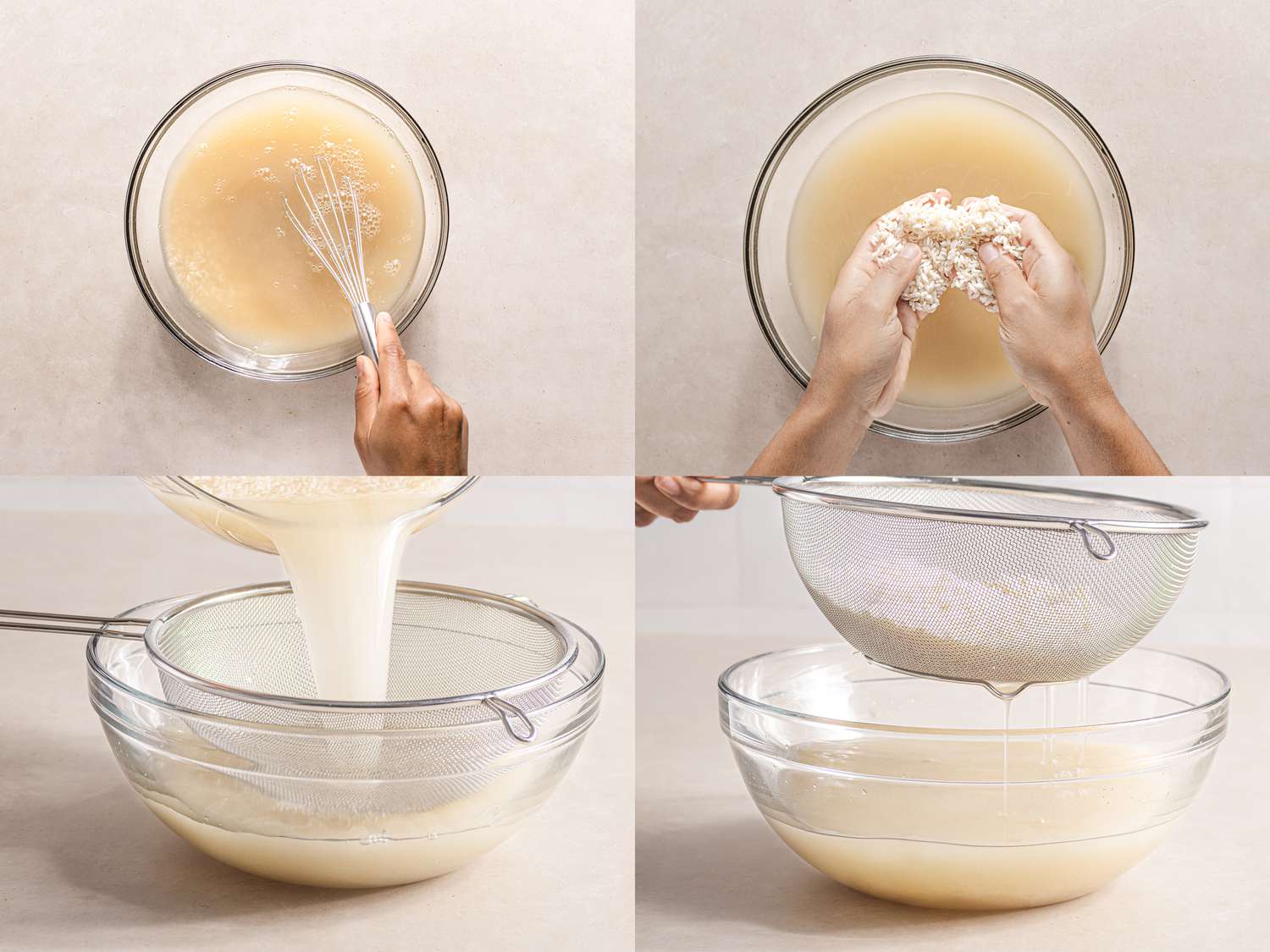 Four image collage of removing Starch from rice