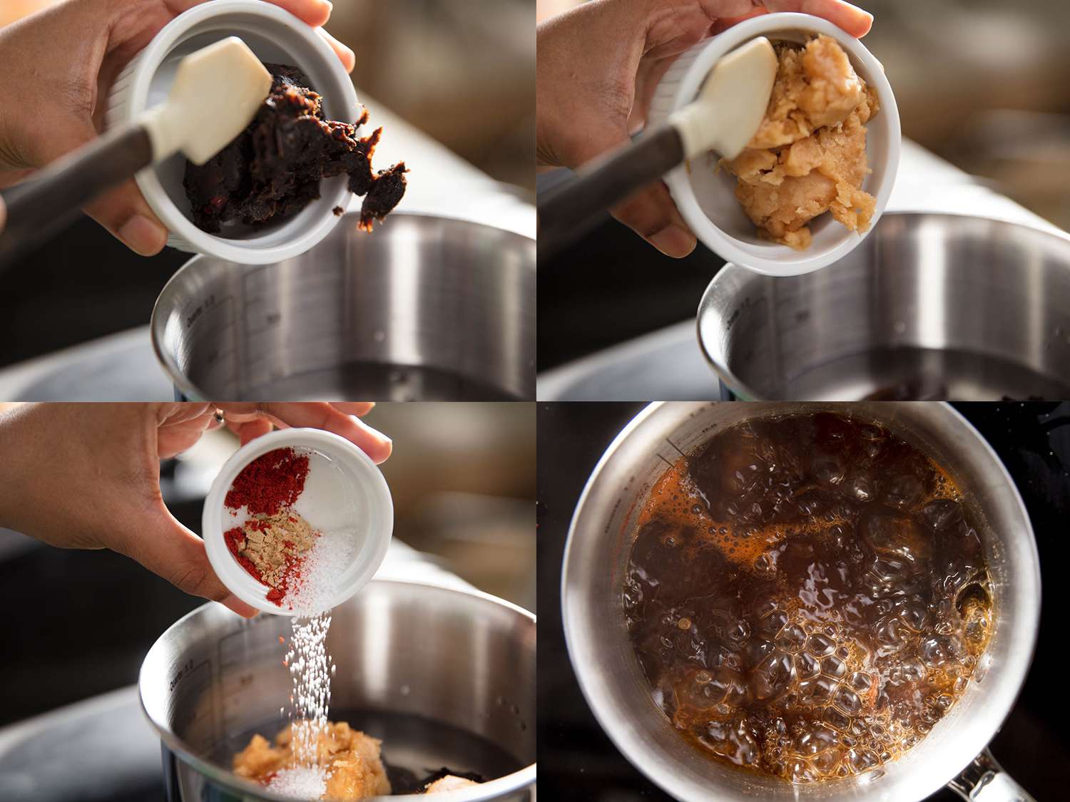 四幅图像拼贴画。左上角的图片显示罗望子酱从一个白色小模子中被转移到一个不锈钢锅中。右上方的图片显示糖被转移到锅中。左下方的图片显示香料被转移到锅中。右下方的图片显示食材完全融入锅中并煮沸。华体会应用下载gydF4y2Ba