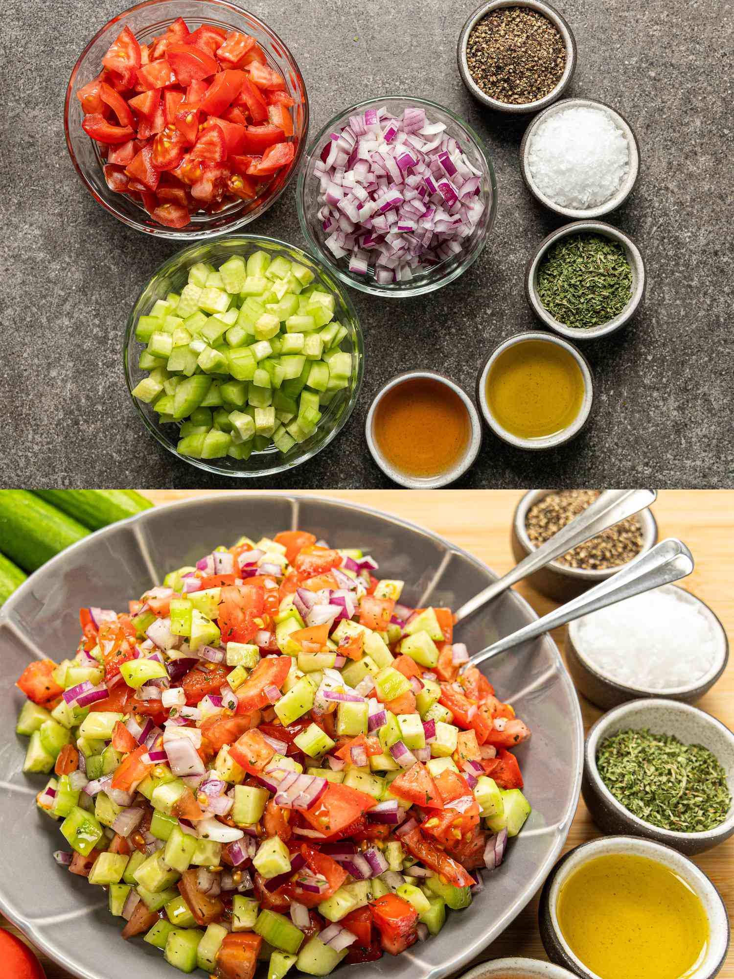 Two image collage of ingredients for shirazi before and after being mixed