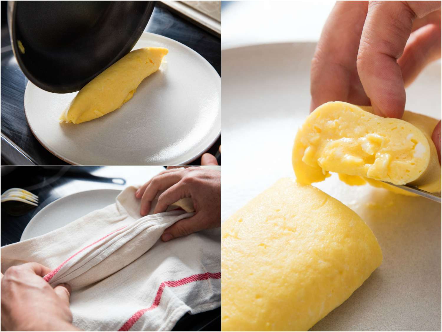 拼贴的法国煎蛋照片:把煎蛋从煎锅里倒到盘子上，用毛巾塑造煎蛋的形状，切开煎蛋，露出柔软的中心gydF4y2Ba