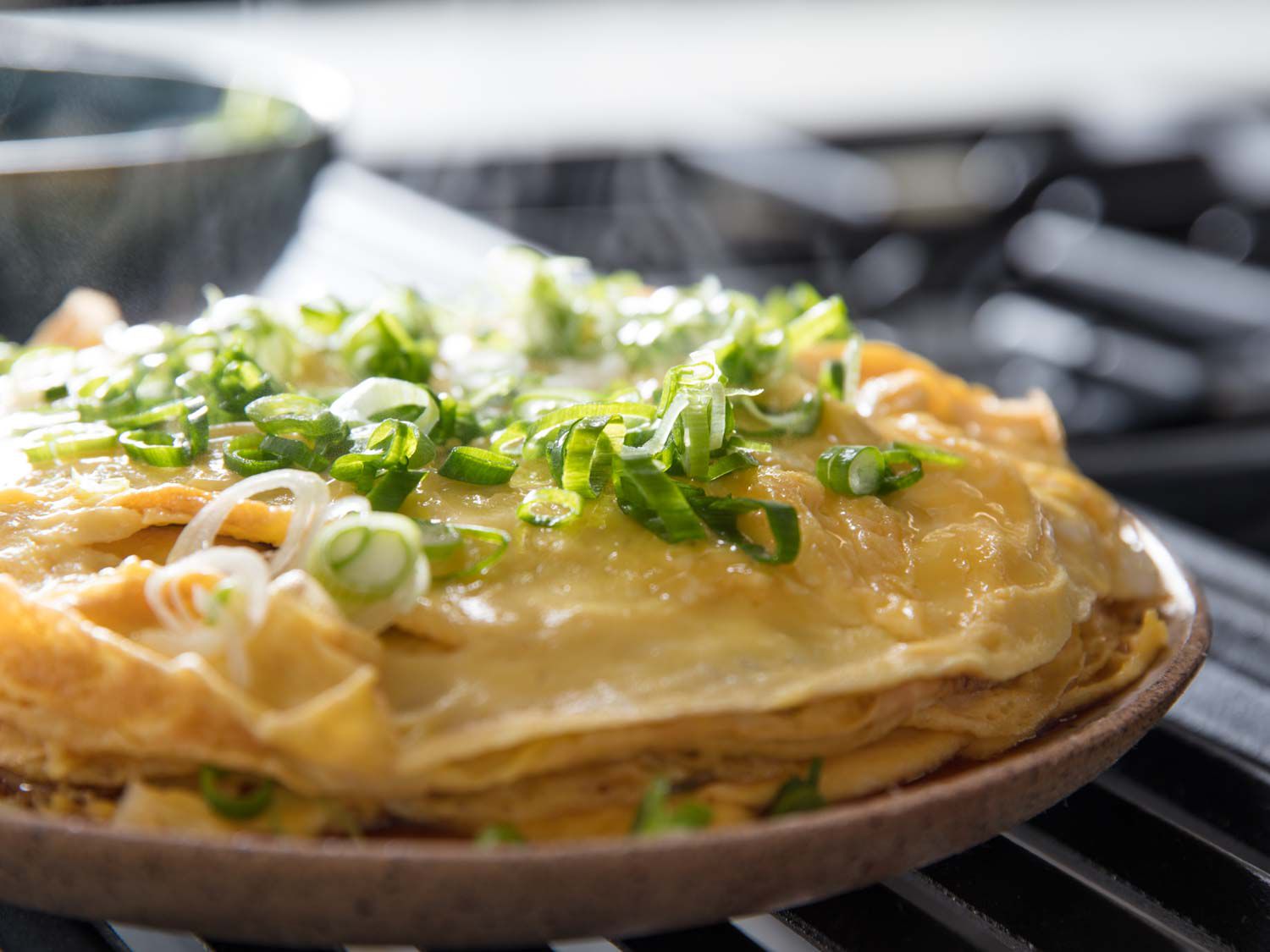 Side view of a layered Chinese-style omelette topped with chopped scallions