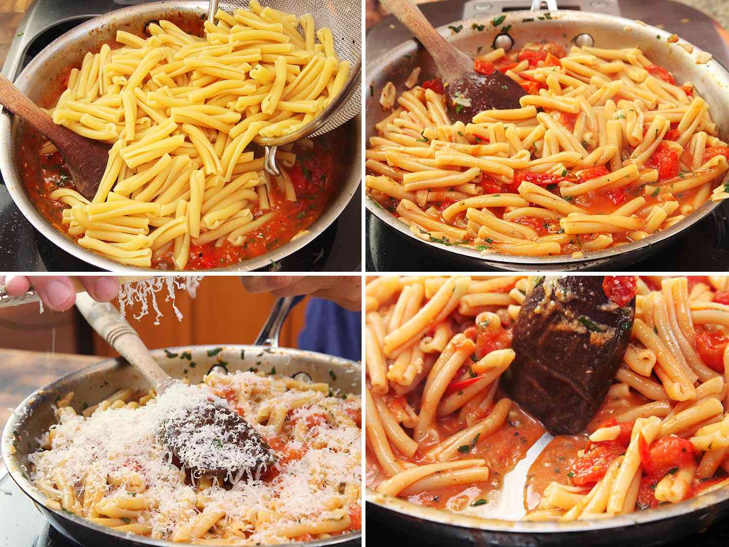 樱桃番茄酱意大利面拼贴:将意大利面放入煎锅中，搅拌至表面覆盖，加入帕玛森奶酪，并加入奶酪。gydF4y2Ba