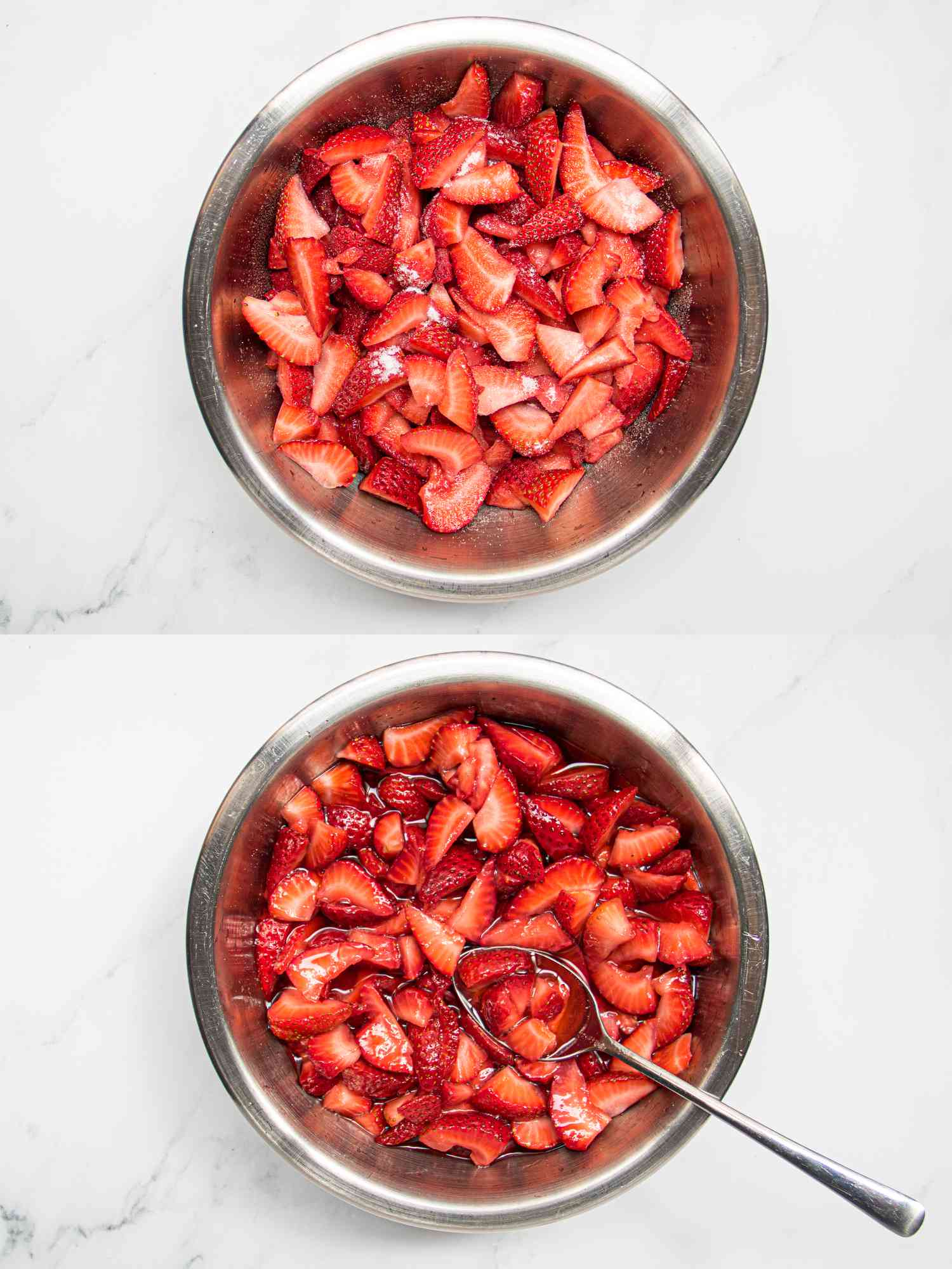 Two image collage of strawberries before and after in sugar