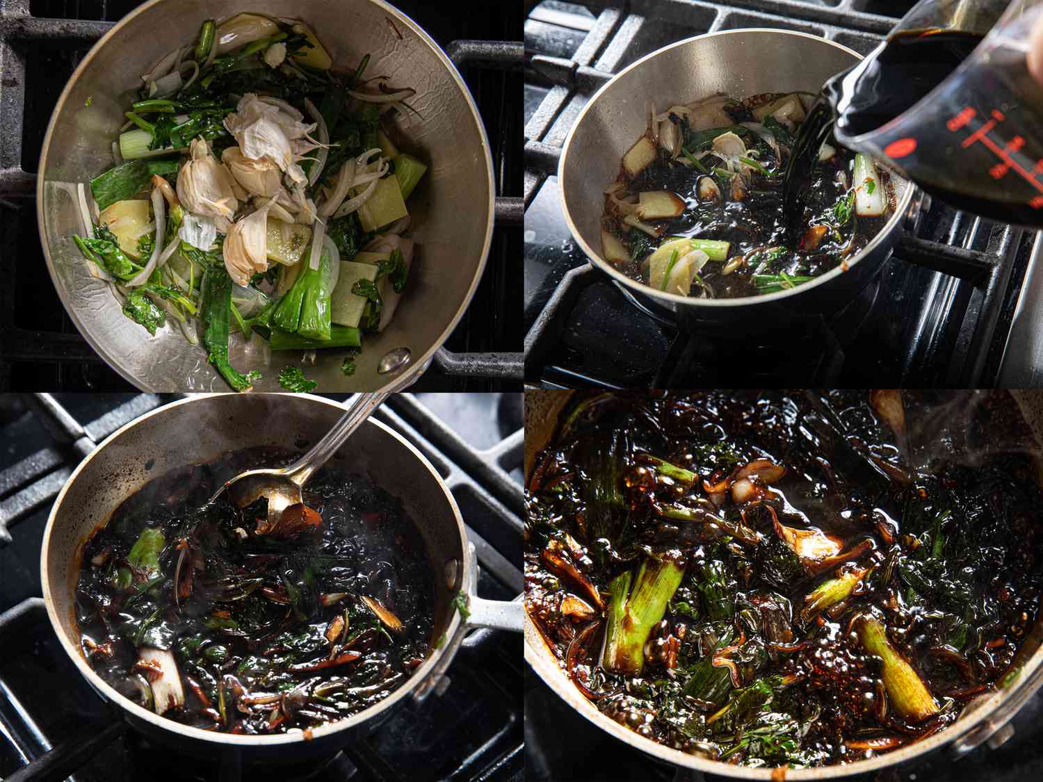 Seasoned soy sauce being made in a saucepan.