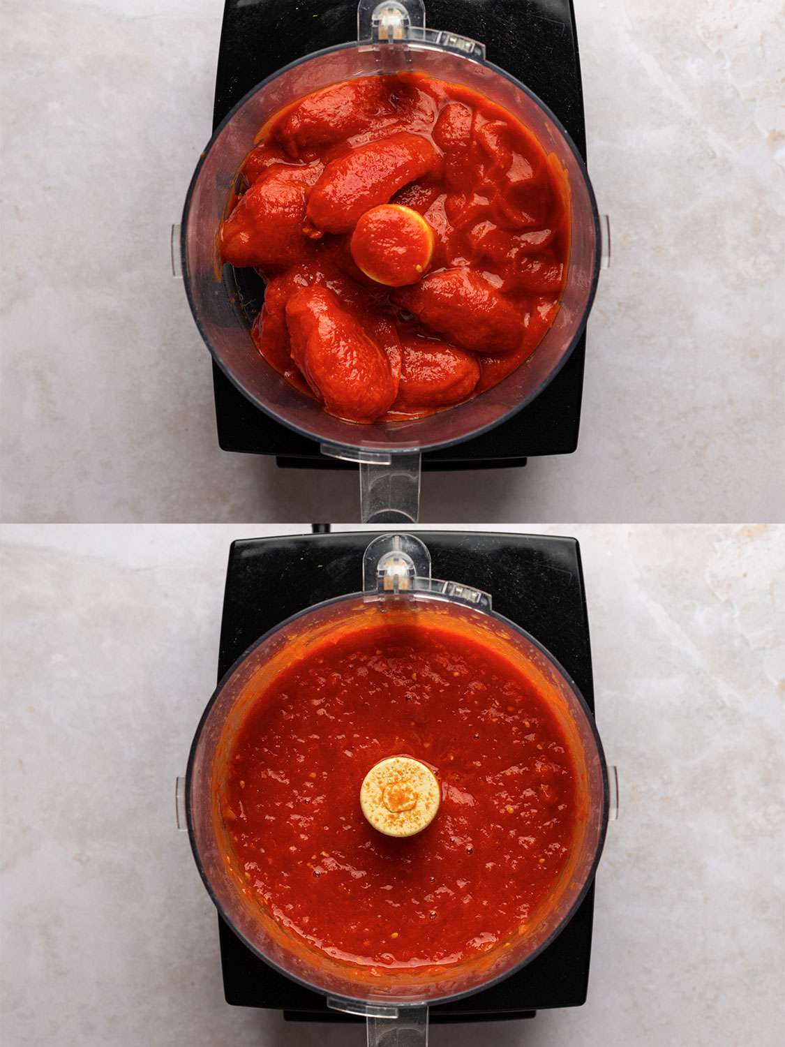 两幅图像的拼贴画。上图显示的是放入食品加工机的西红柿。下图显示的是食物加工机里的西红柿，现在被加工成块状的果泥。