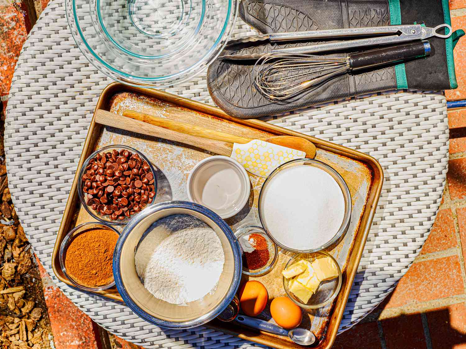 Overhead view of grill prep station