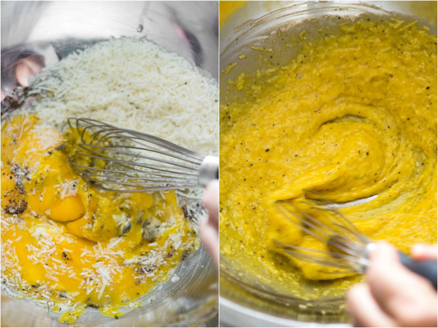 照片拼贴显示搅拌蛋黄，胡椒和奶酪一起在大碗意大利面条。gydF4y2Ba