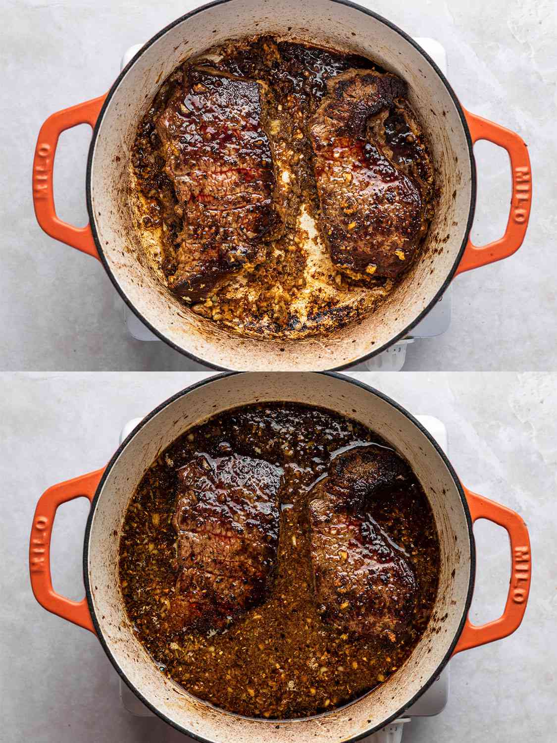 两个影像拼贴。上面的图片显示的是加入大蒜和姜，然后在锅里和短排骨一起烤成棕色。下面的图片显示了加入液体成分后的荷兰烤箱。华体会应用下载