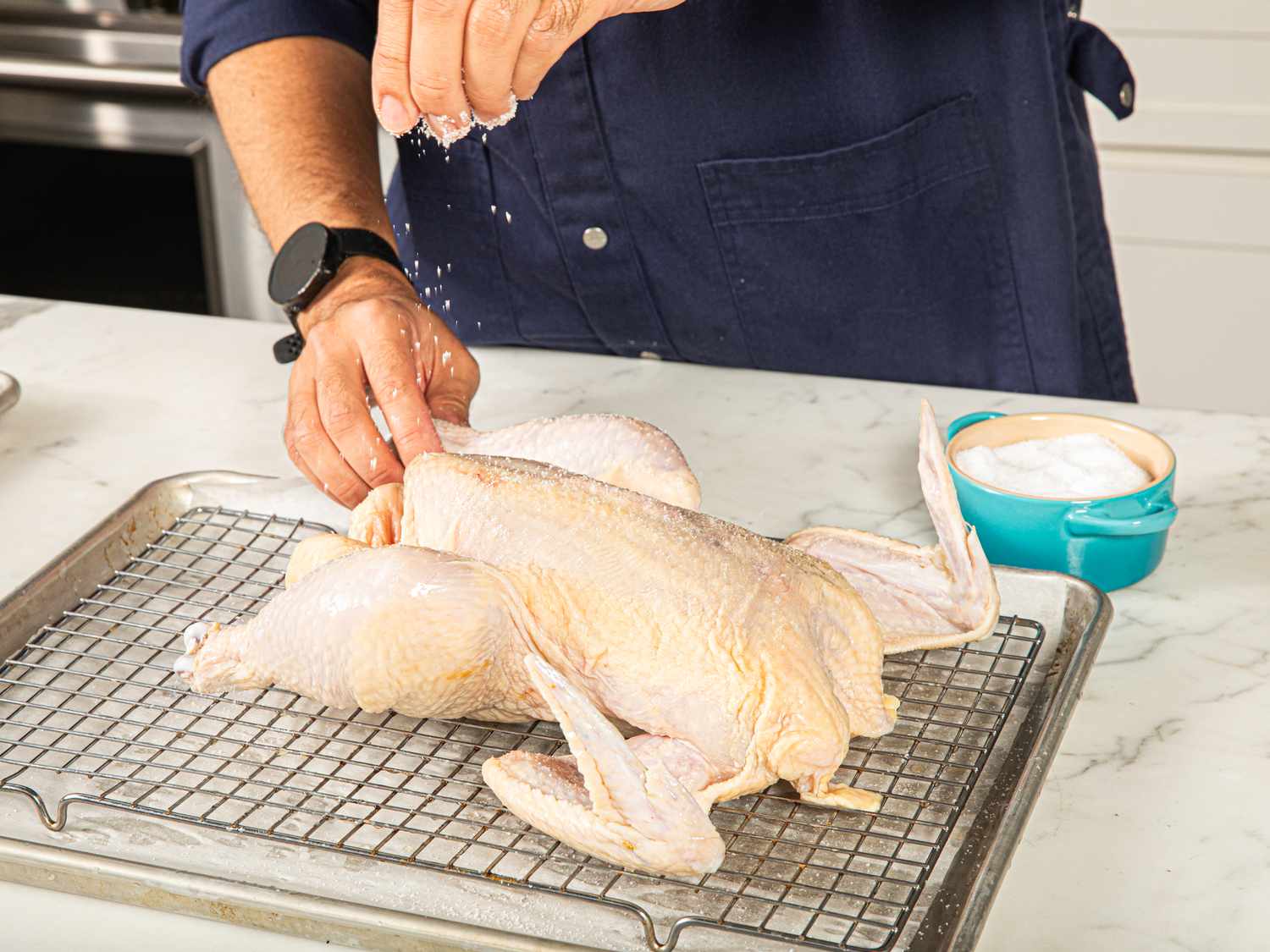 Side view of salting a chicken