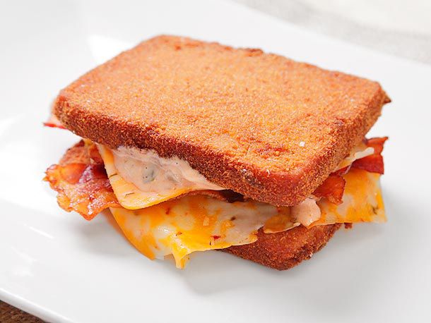 Closeup of a Spam double-down sandwich.