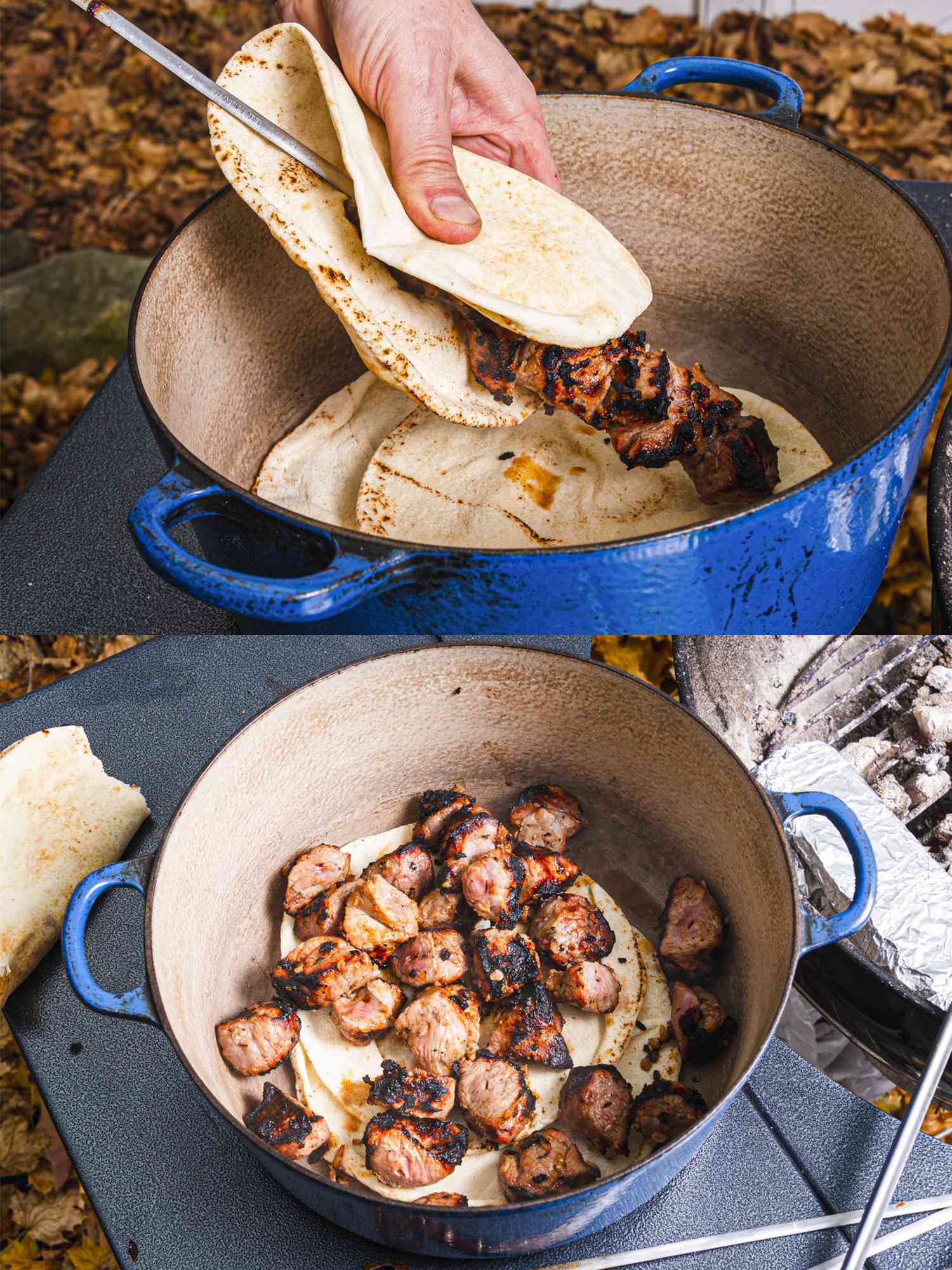 Two image collage of using a pita to remove meat on skewers and overhead view of meat in pot