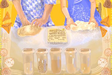一幅描绘母亲和女儿在厨房柜台揉面团的插图
