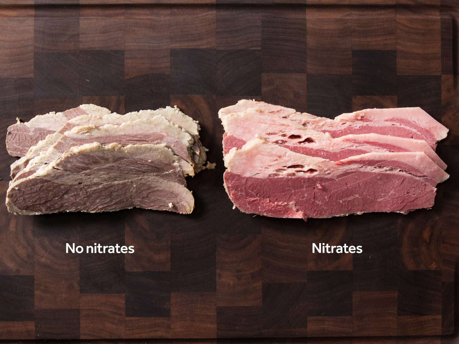 无亚硝酸盐腌牛肉(左)和有亚硝酸盐腌牛肉(右)的对比