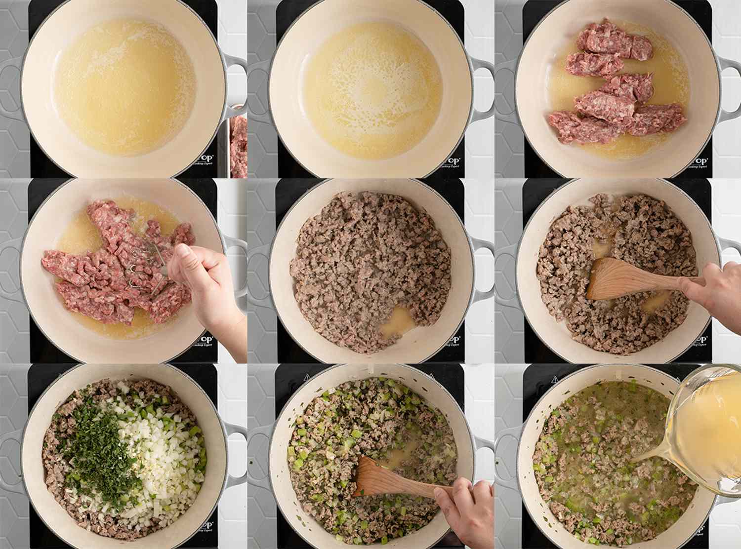 A nine-image collage showing the process by which the meat and chopped vegetables are cooked in a dutch oven along with butter and stock.