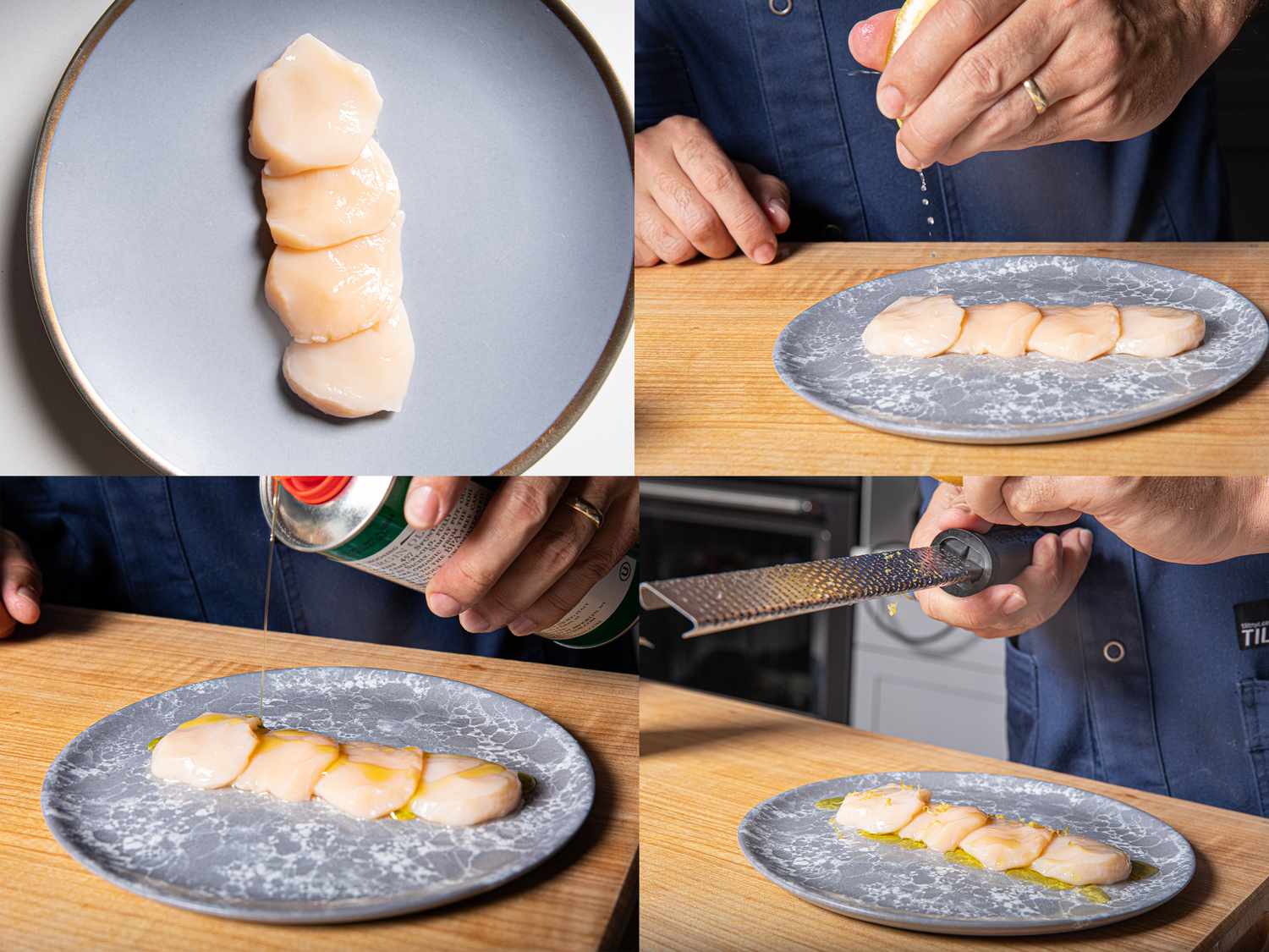 Four image collage of preparing scallop crudo