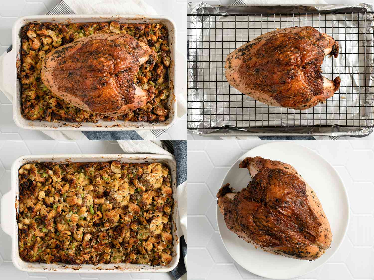 A four-image collage showing the roasted turkey breast both on top of and then removed from the baking dish of stuffing.