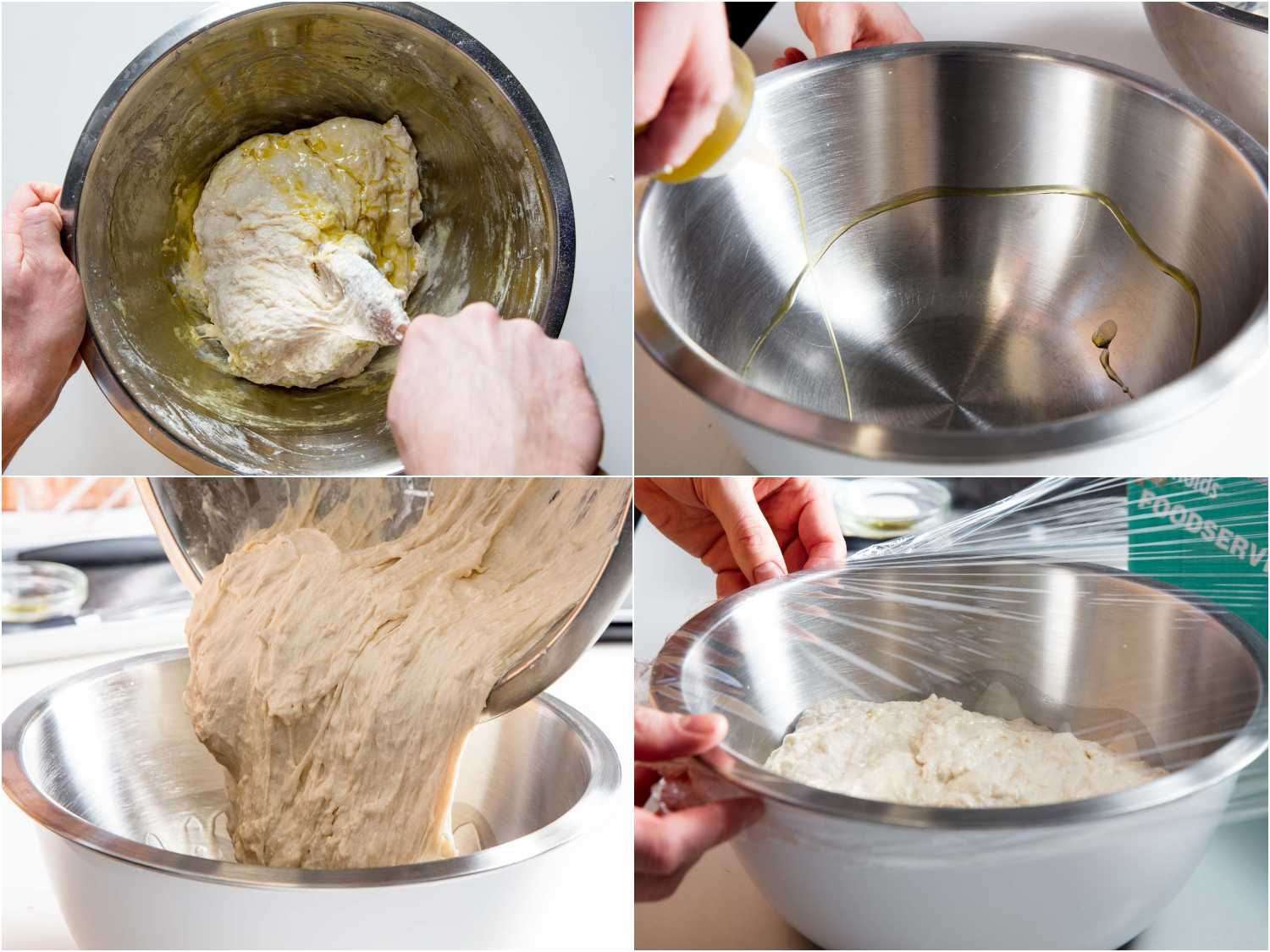 处理搅拌面团的最后步骤，并转移到碗中进行第一次发酵。