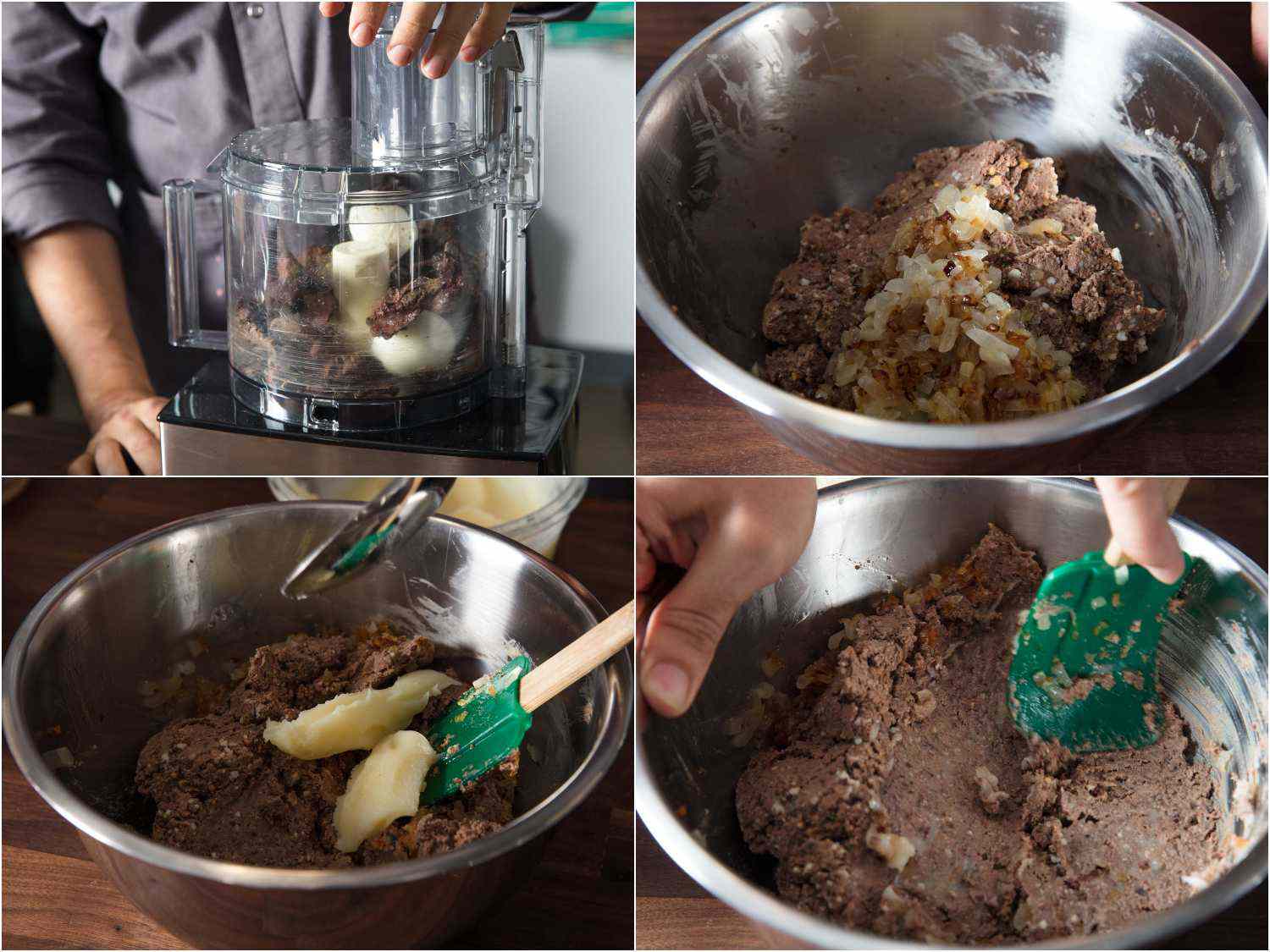 A 4-image collage showing food processing livers and eggs, then stirring in schmaltz to reach the right consistency for chopped liver.