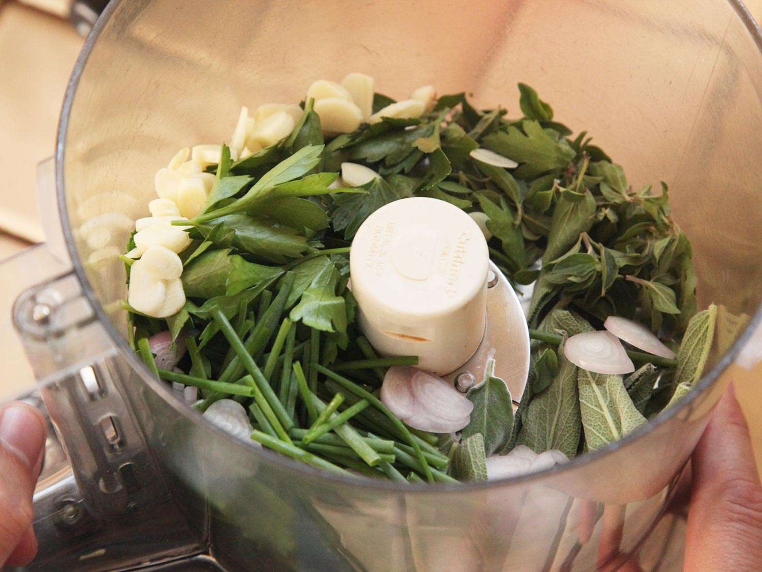 装满未切碎的绿色香草、青葱和蒜瓣的食品加工机。