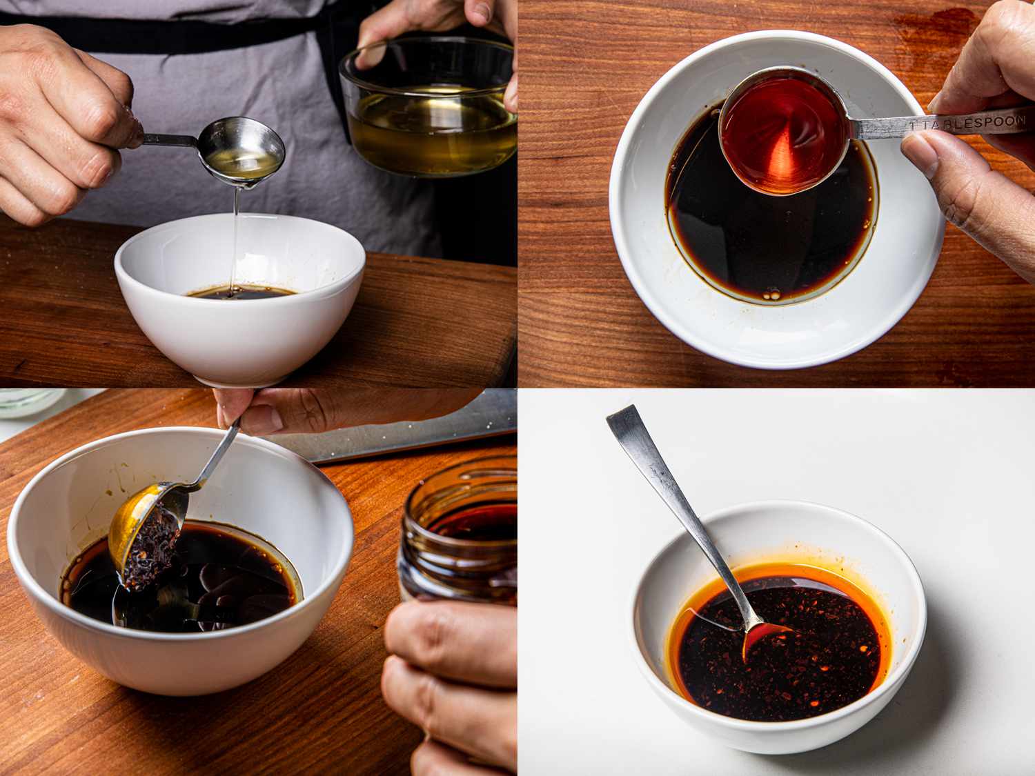 四图像拼贴。左上:调味油被加到碗里。右上:辣椒油被加入调味料中。左下:加入调味料的辣椒脆。右下:用勺子在一个白色的碗里完成调味