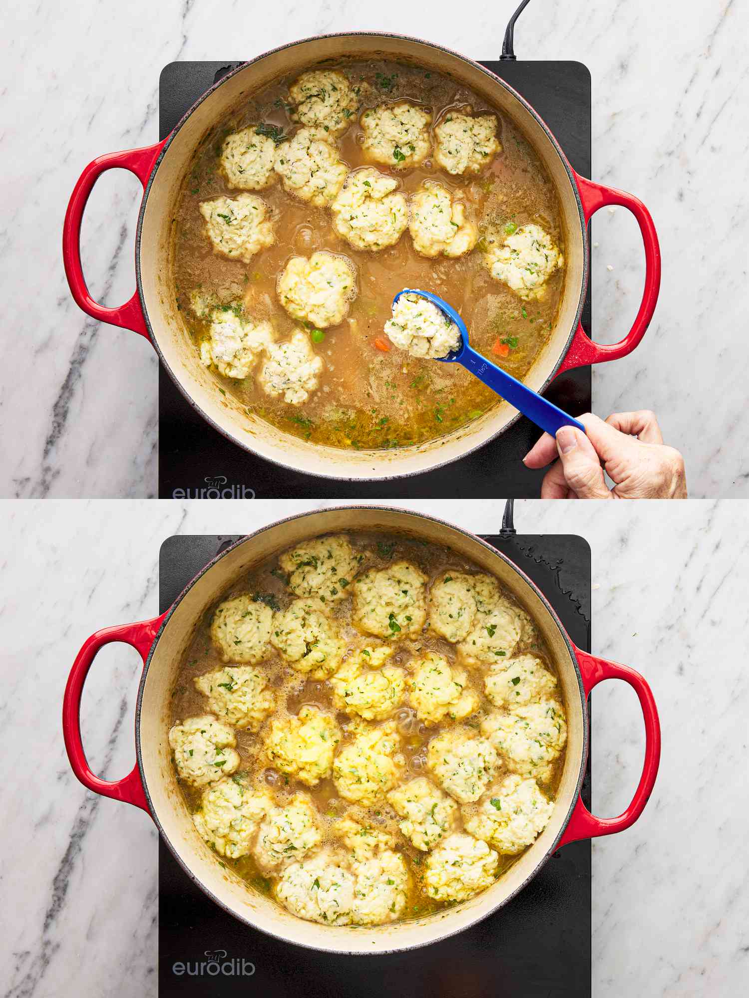 Two image collage of adding dumplings to a broth