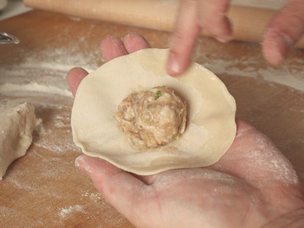 A mound of filling has been placed in the center of a round dumpling wrapper.