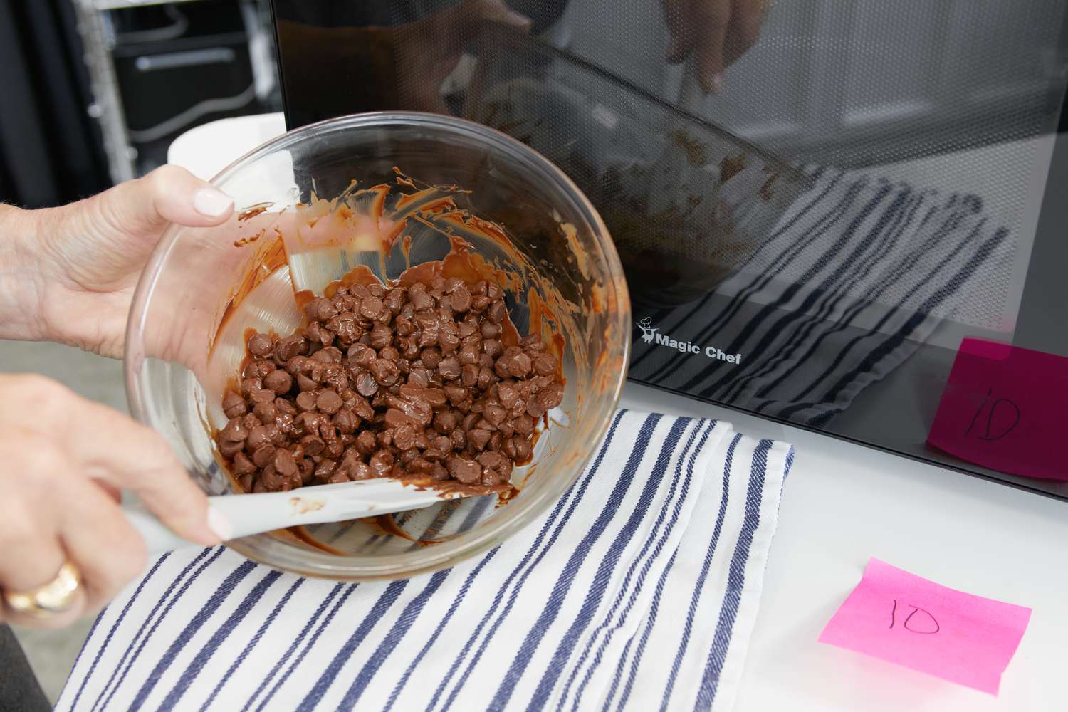 stirring chocolate chips micfrowaved by the magic chef microwave