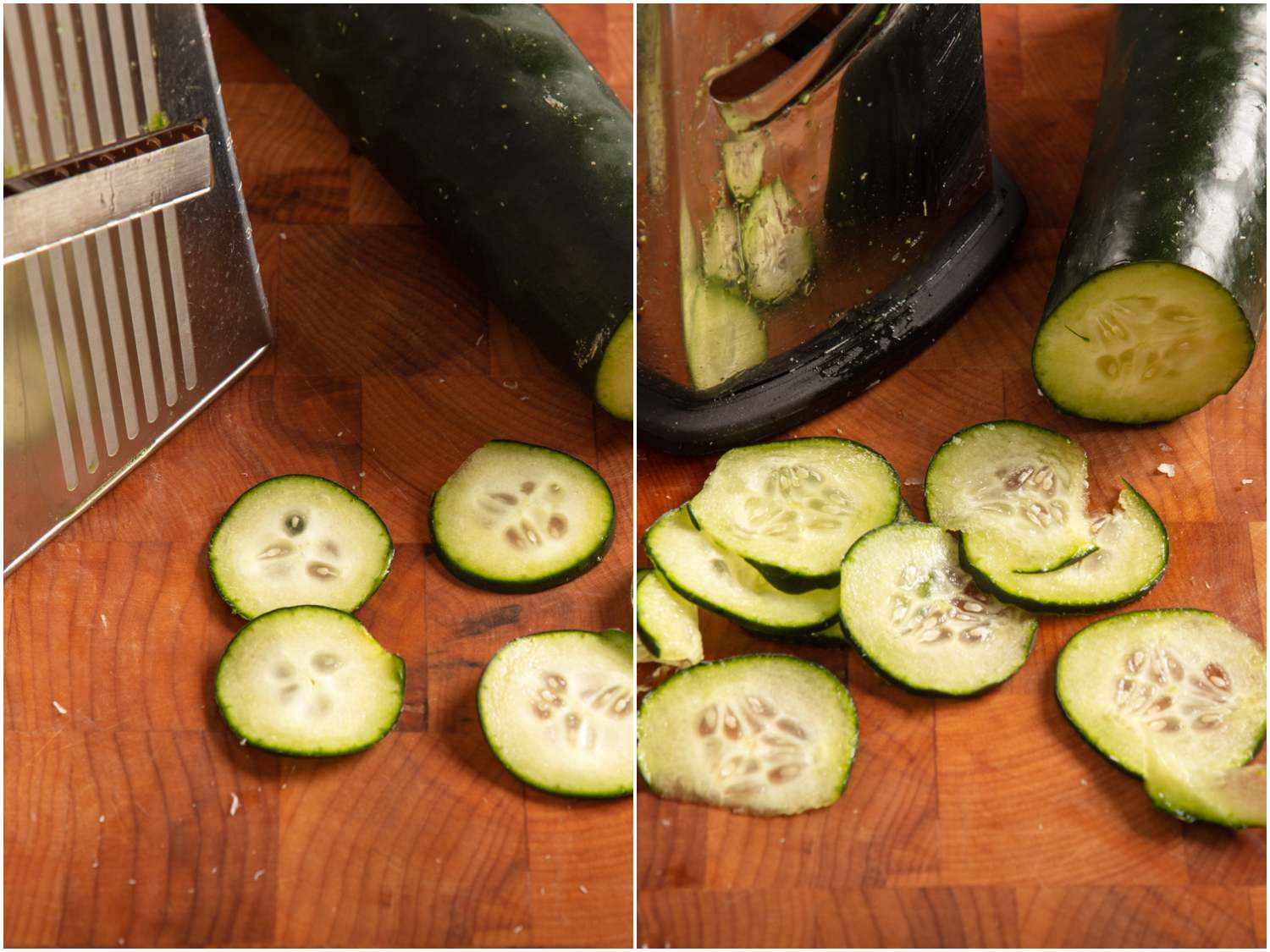 拼贴:黄瓜在Cuisipro盒子刨丝器上切片;黄瓜在厨具刨丝器上切成薄片