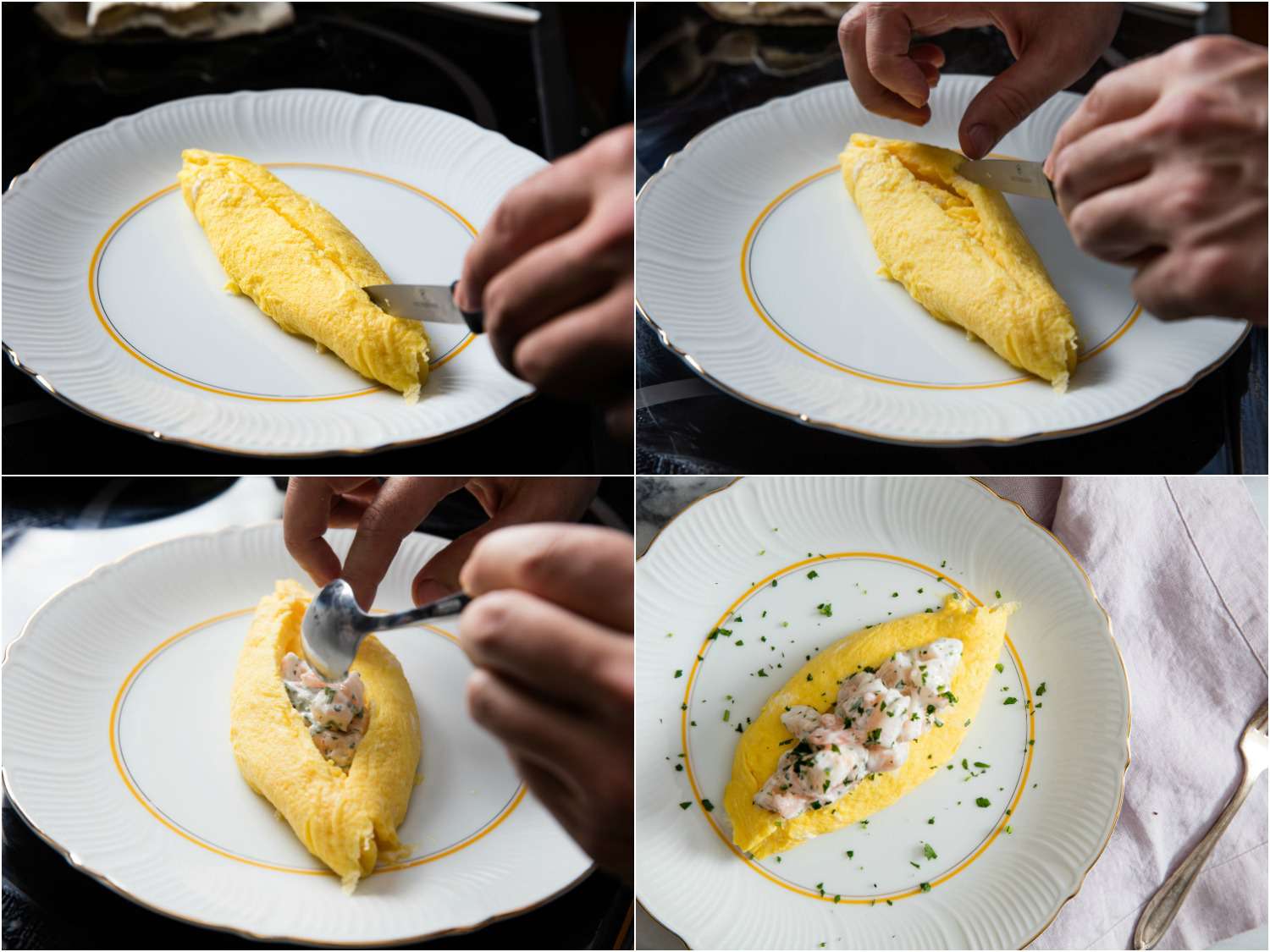 一组塞法式煎蛋卷的拼贴照片:用刀切开煎蛋卷，把开口弄大，舀进虾沙拉，最后填满的煎蛋卷配上切碎的香草gydF4y2Ba