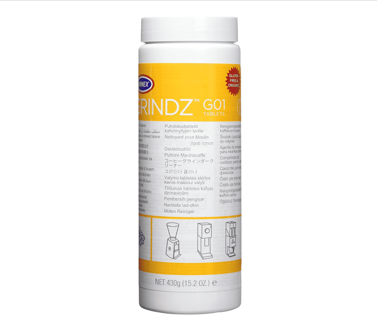 Urnex Grindz canister on white background