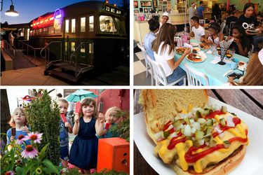 Photo collage showing family-friendly restaurants in Philadelphia.