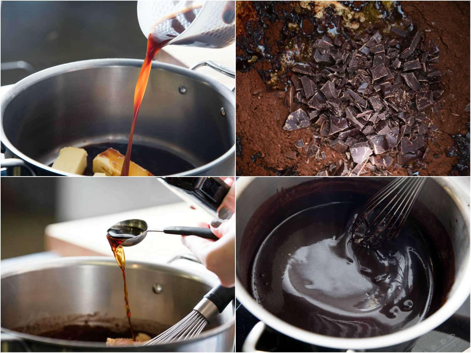 视频显示，巧克力蛋糕融化了，搅拌在面粉里，搅拌巧克力蛋糕和面粉。