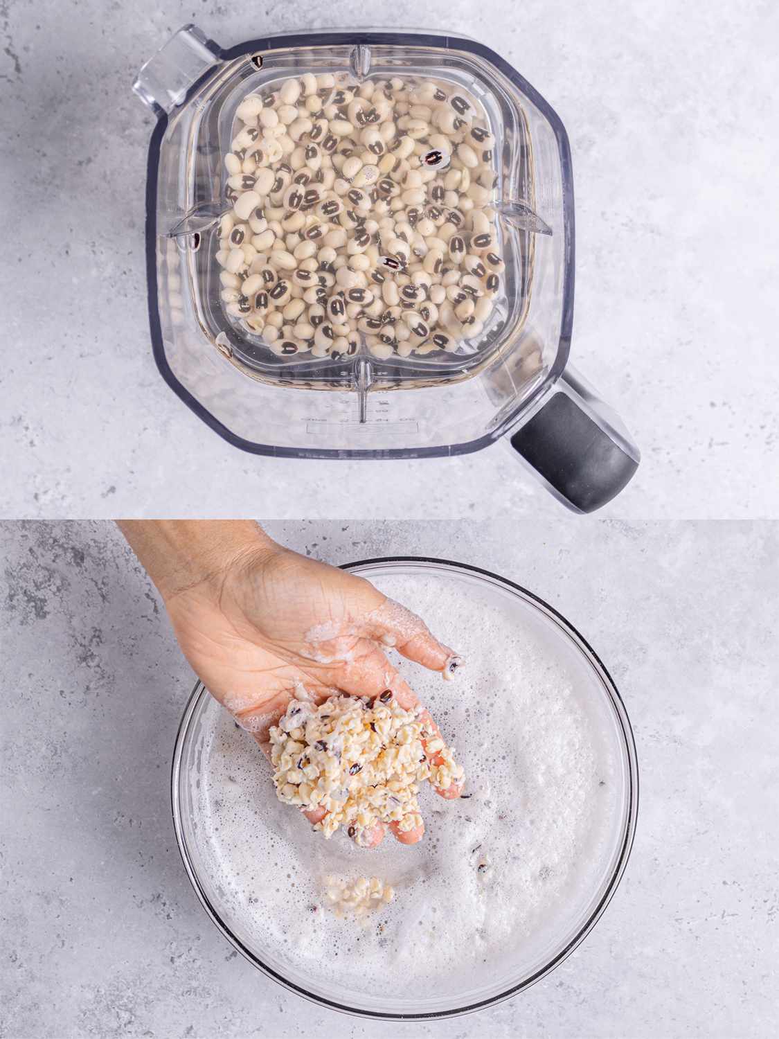 Two image collage. Top: peas covered with water in a blender. Bottom: a hand lifting peas up showing shells having been removed