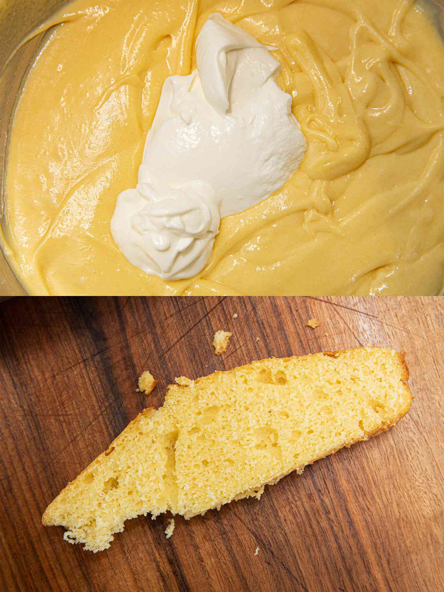 奶油加入蛋糕粉前后的俯视图