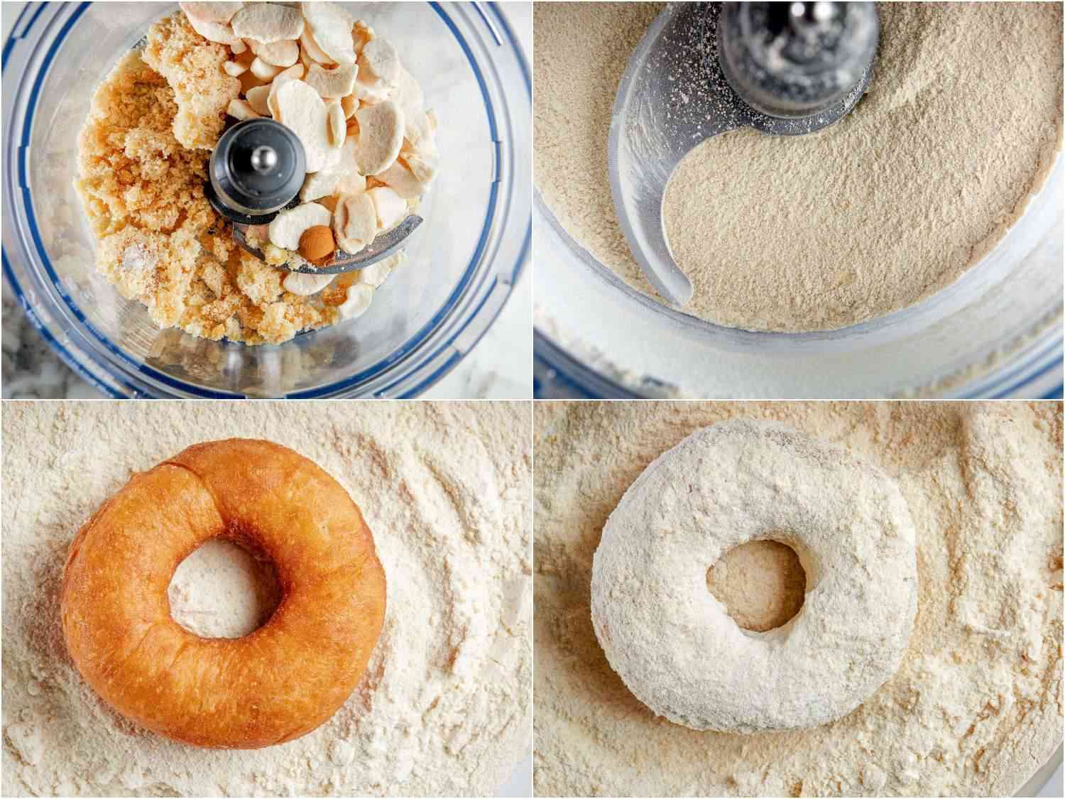 preparing apple cinnamon sugar and coating a fresh doughnut