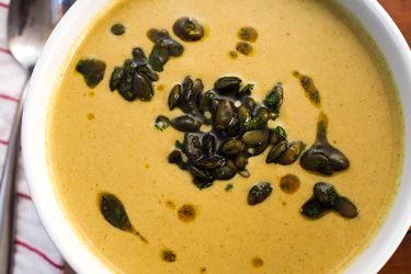 Closeup of roasted broccoli soup.