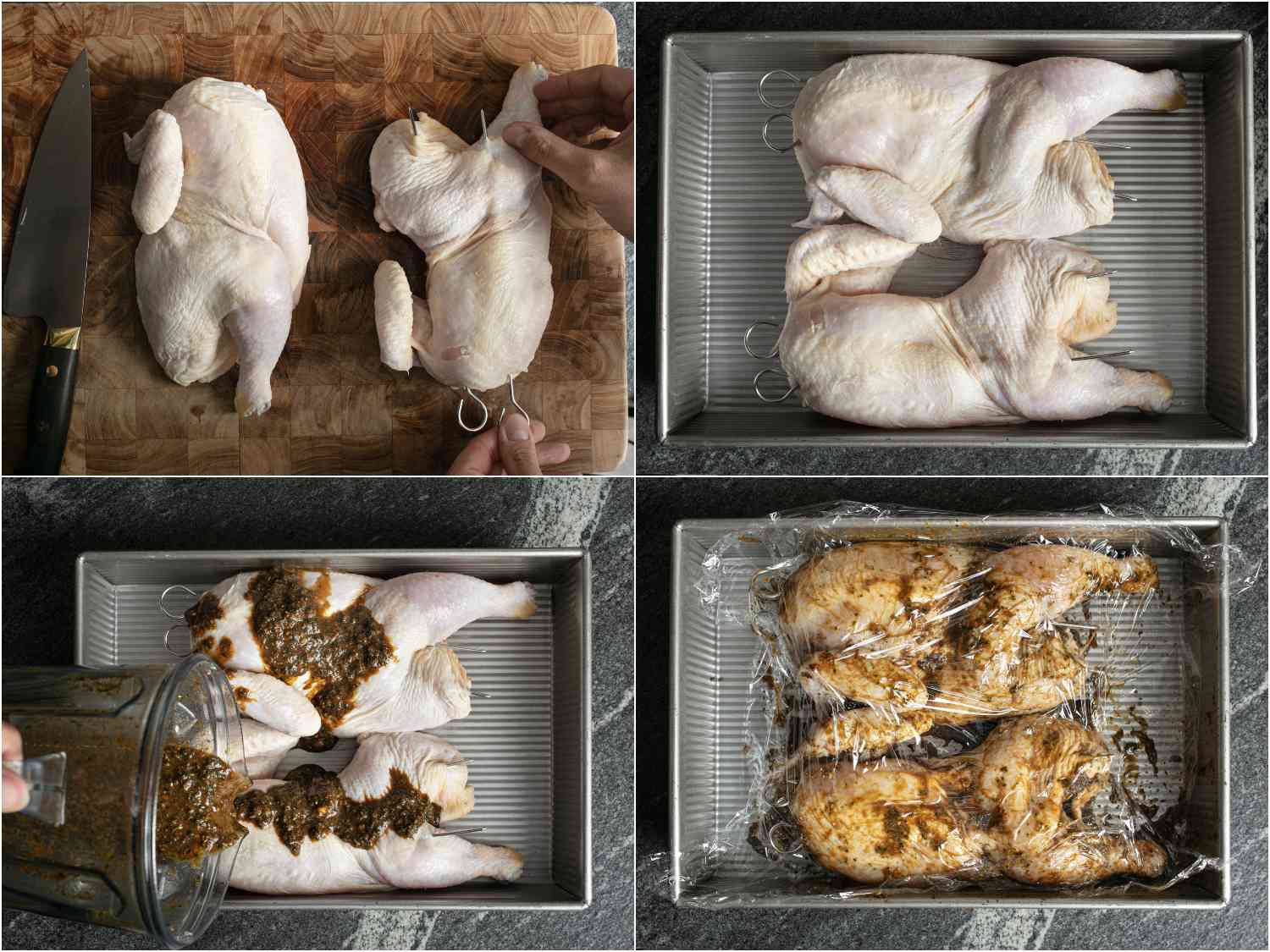 拼贴:鸡肉半串在砧板上;半份放入烤盘;把腌料倒在上面;将鸡肉半块腌好，用保鲜膜包起来gydF4y2Ba