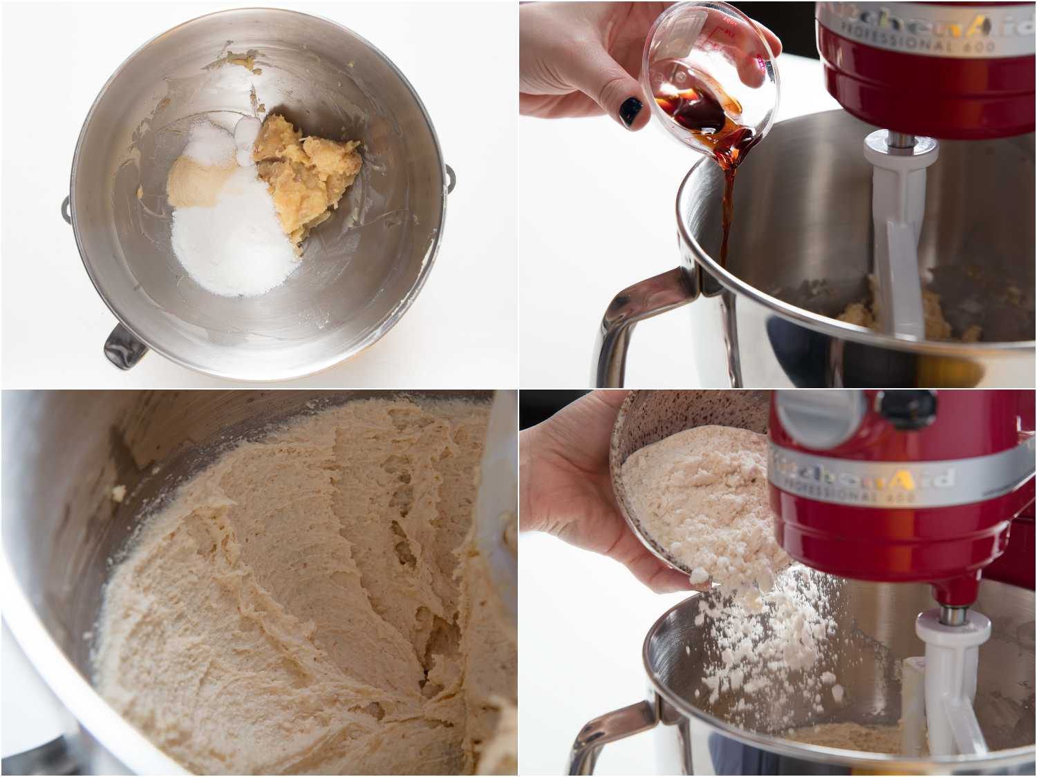 A collage: combining brown butter and sugar in a mixing bowl, adding vanilla extract, mixing until combined and adding flour to the mixture.