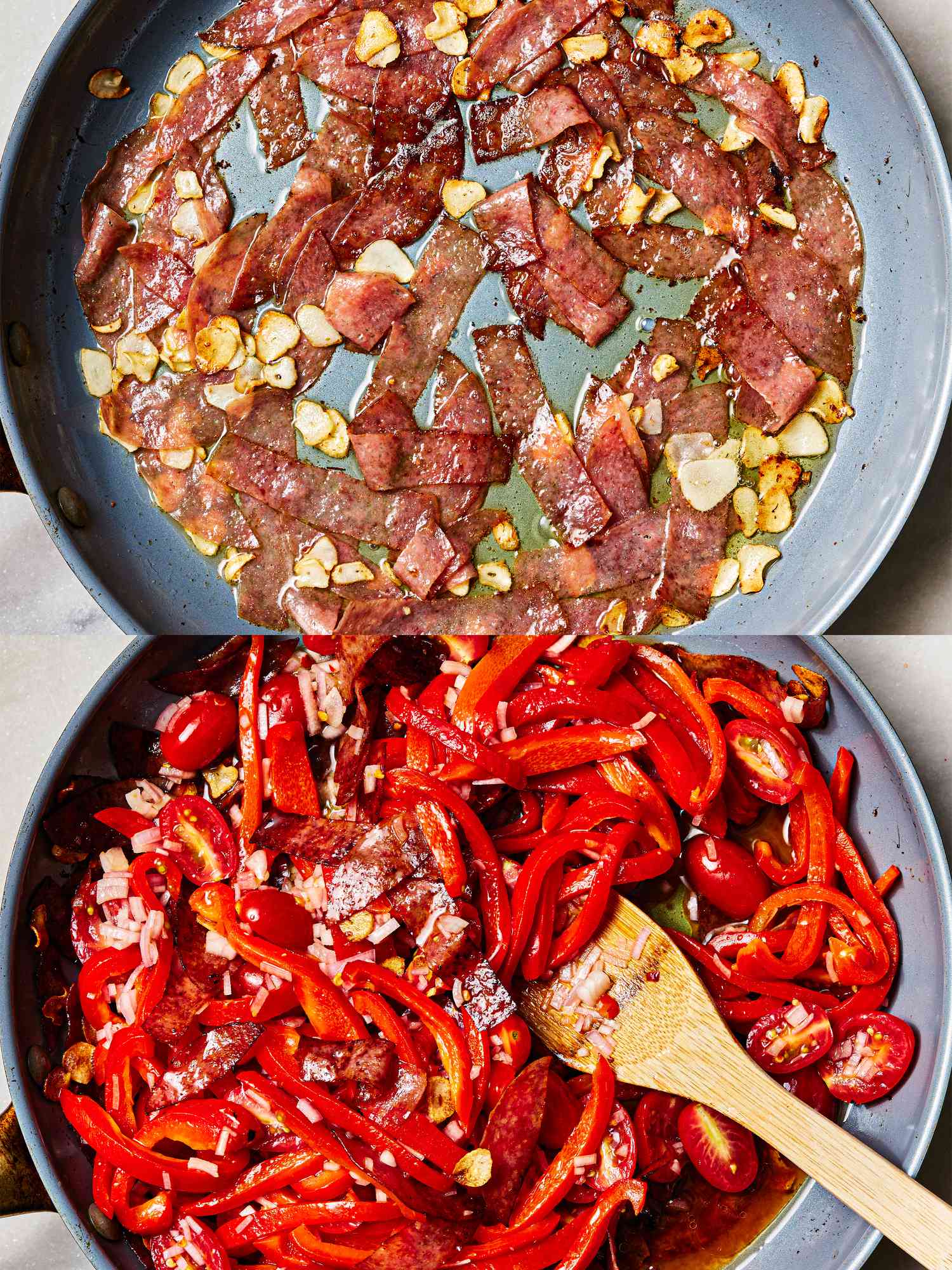 Two image collage of meat and garlic cooking in a pan and tomato-pepper mixture added to it