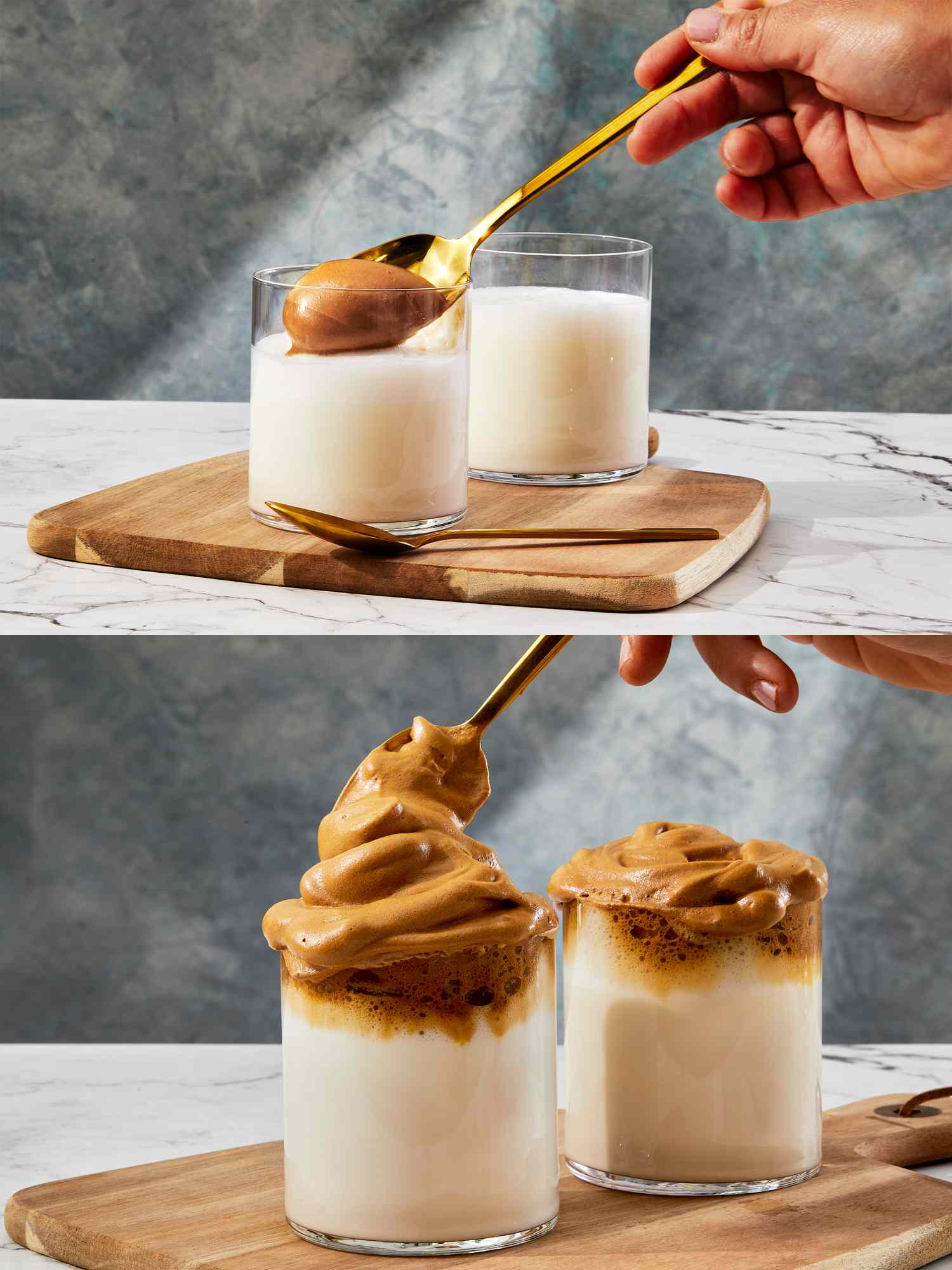 Two image collage of topping milk with coffee foam