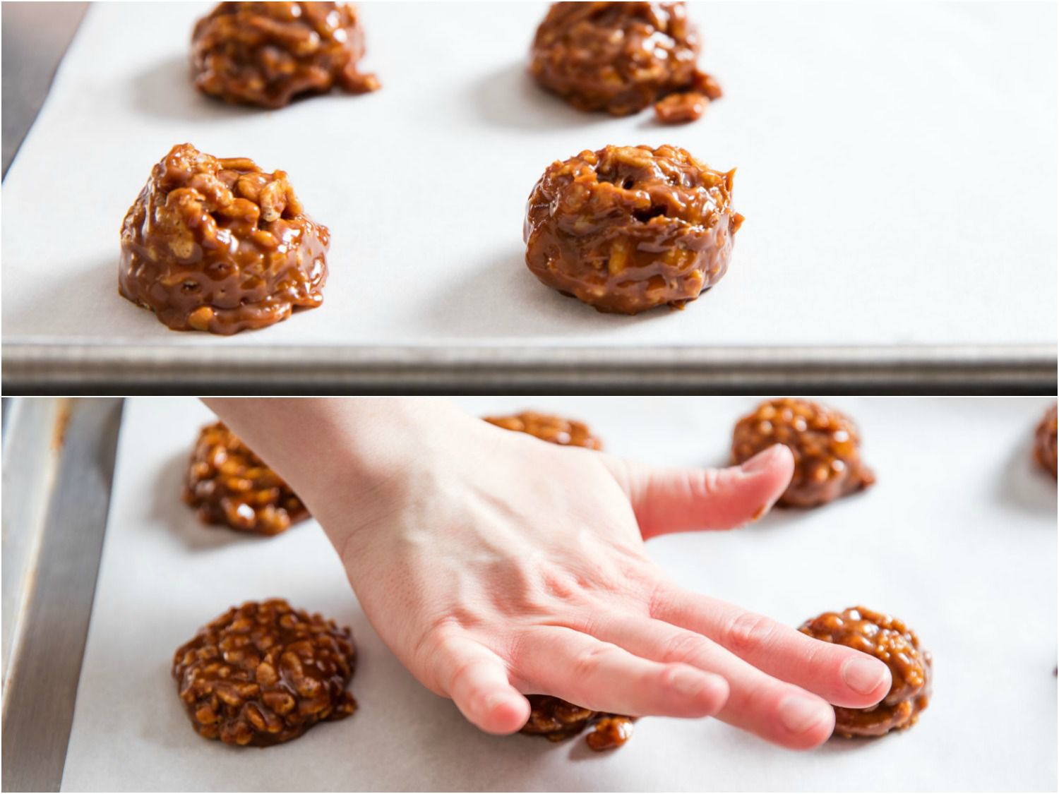 Flattening mounds of no-bake Star Crunch into flat cookies.