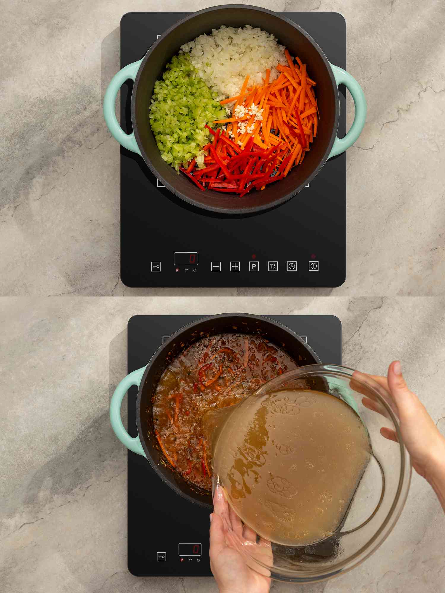 Two image collage of overhead view of vegetables in pot and adding broth to vegetables
