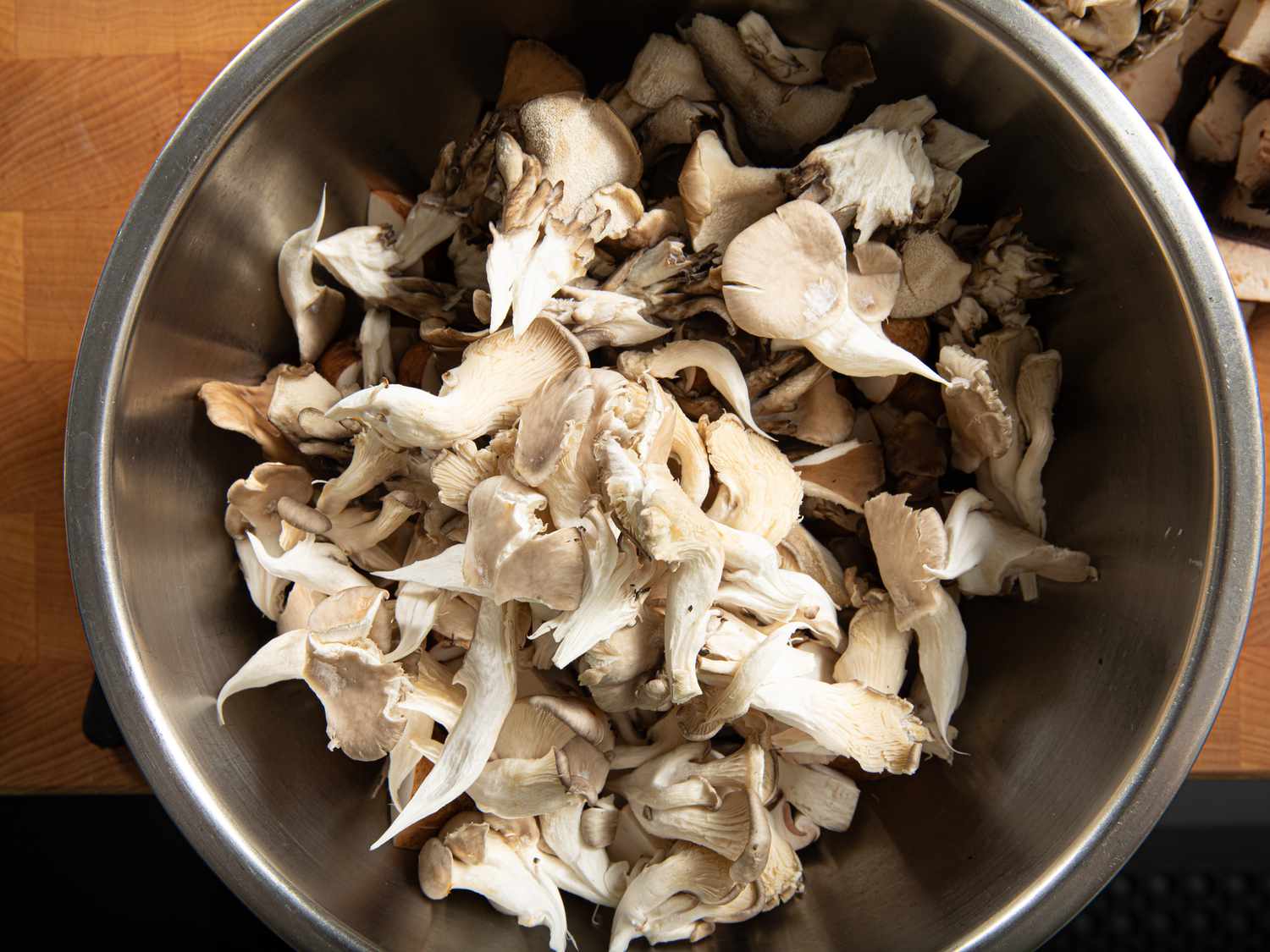 Overhead view of mushrooms in a bowl