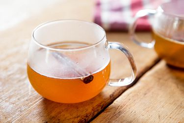 glass mug of warm mulled cider with cinnamon stick