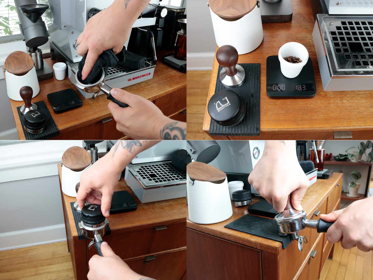 wiping the basket dry, weighing out coffee, distributing coffee, tamping an espresso puck