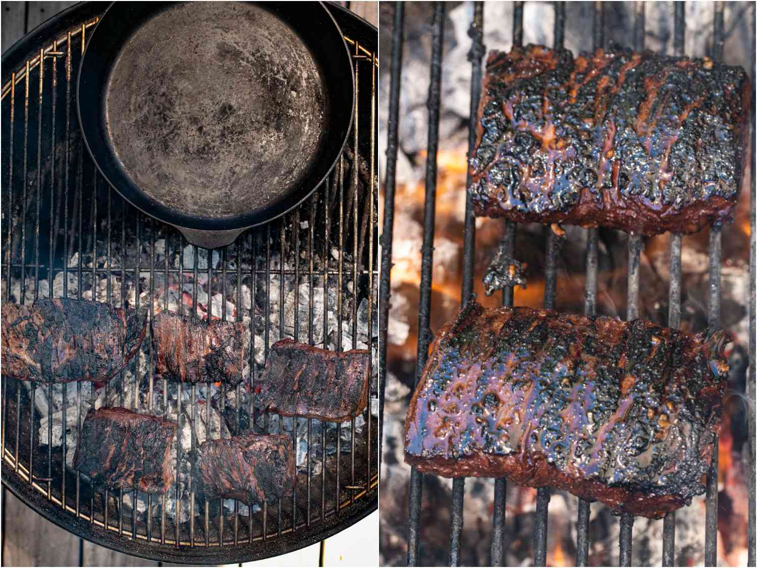 照片拼贴显示裙子牛排在烧烤热的一面，铸铁煎锅在凉爽的一面，和烧焦的裙子牛排的特写